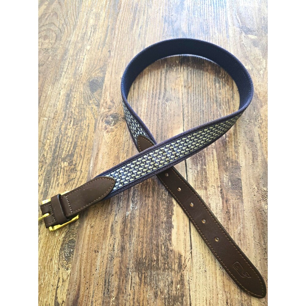 Vineyard Vines Men's Blue/Brown Leather & Cotton Whale Belt Size 34 Brass Buckle